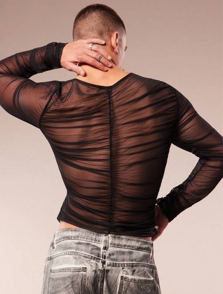 Men's Sheer Mesh Crew Neck Long Sleeve Tees